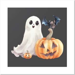 Cute Ghost with Pumpkins and A Bat Posters and Art